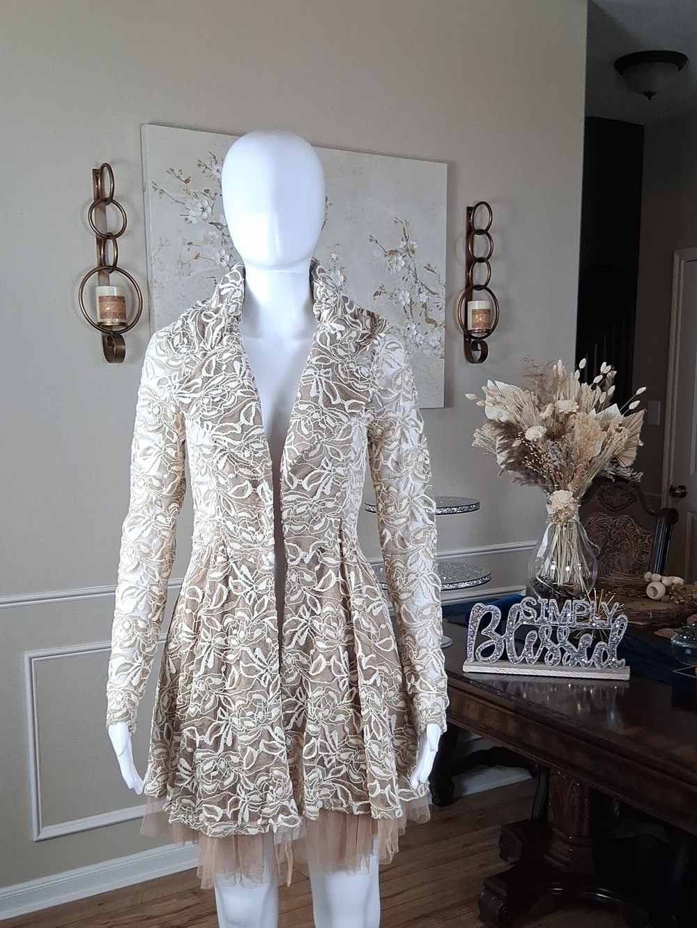 Women's Ivory And Tand Floral Lace Fit-and-Flare Coat Dress Tulle Trim Small - Picture 3 of 16